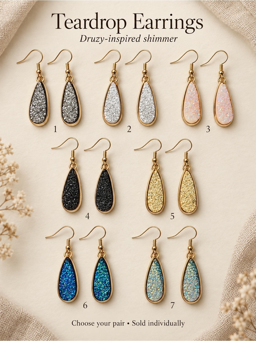 Druzy-Look Teardrop Dangle Earrings – Gold Tone – Choose Your Pair